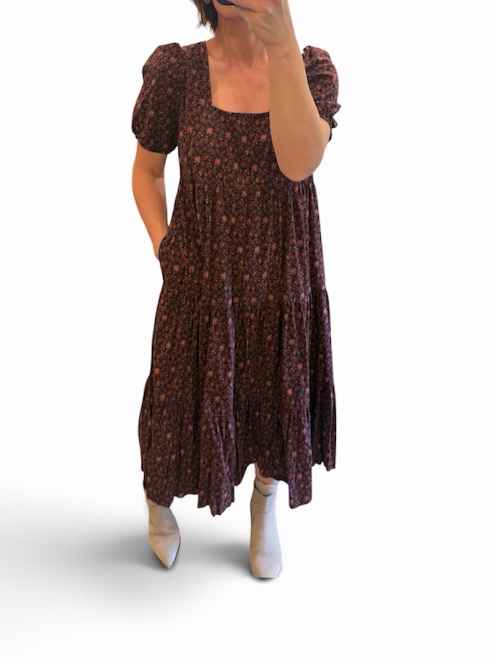 Madewell Floral Midi Dress in Brown and Rust
